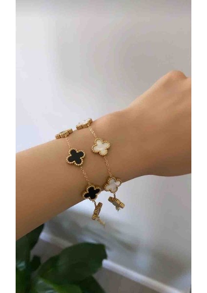 Gold Yonca Model Beyaz Siyah Ikili Bileklik Seti