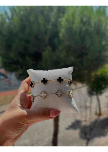 Gold Yonca Model Beyaz Siyah Ikili Bileklik Seti fiyatları