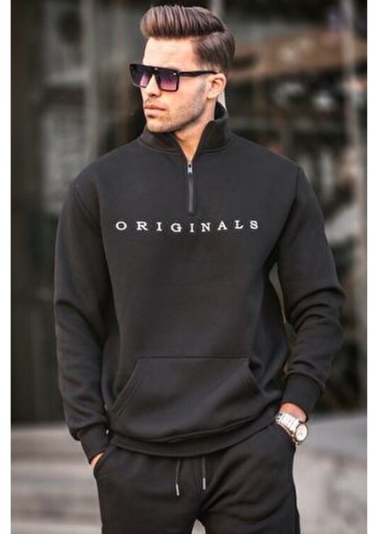 Siyah Kapüşonlu Sweatshirt Erkekler İçin Uzun Kollu Fermuar Yaka Tasarım