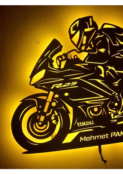 Yamaha R25 Motosiklet LED Işıklı Ahşap, Lazer Mdf Duvar Süsü, Duvar Dekor Tablo Aksesuar, Hediye indirimleri