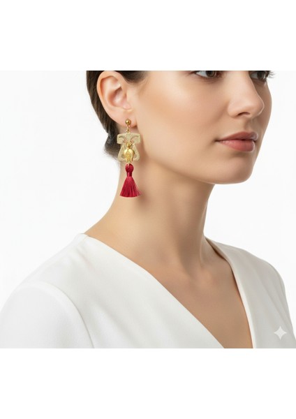 Altın Kaplama Kaftan Formlu Lale Figürlü Püsküllü Küpe