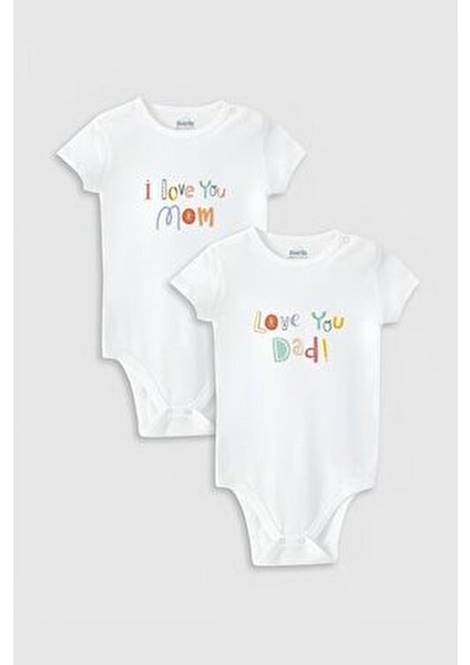 Organik %100 Pamuk I Love Mom Dad Anne Baba 2'li Bebek Body Set Çıtçıtlı Badi Zıbın Ikili 5338-5339