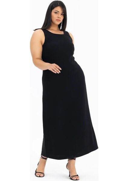 Büyük Beden Astarlı Kolsuz Elbise-Siyah fiyatları