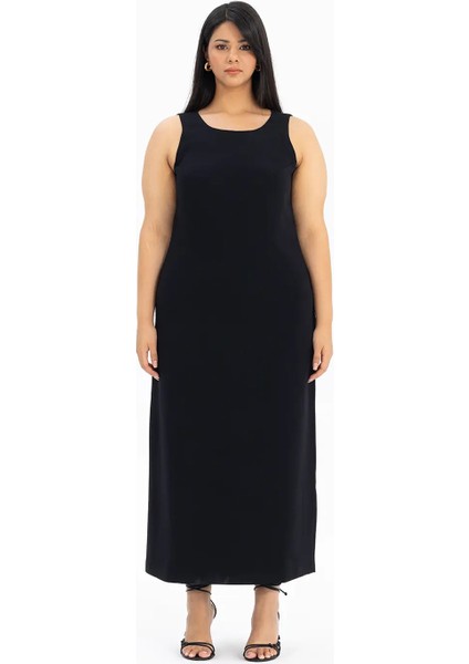 Büyük Beden Astarlı Kolsuz Elbise-Siyah modelleri