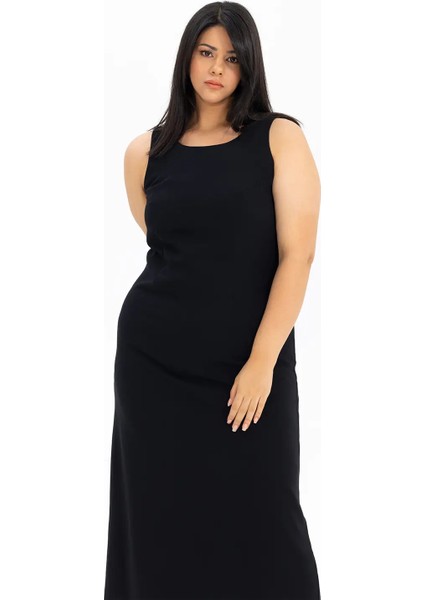 Büyük Beden Astarlı Kolsuz Elbise-Siyah fırsatları