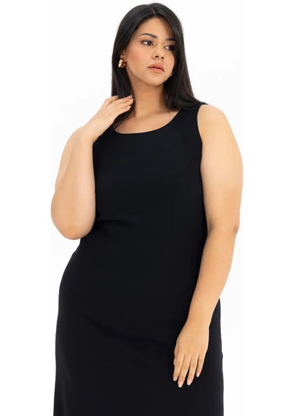 Büyük Beden Astarlı Kolsuz Elbise-Siyah indirimleri