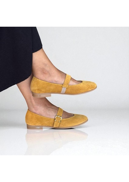 Hardal Süet Hakiki Deri Yuvarlak Burunlu Tokalı Kadın Babet modelleri