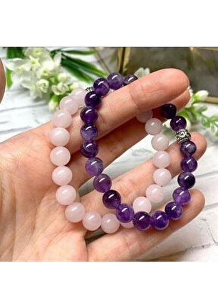 Sertifikalı Pembe Kuvars, Ametist Kombin Doğaltaş Bileklik