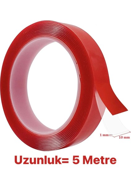 Çift Taraflı Bant Şeffaf Silikonlu Su Geçirmez Akrilik Montaj Bandı 5 Metre (5m x 10 Mm)