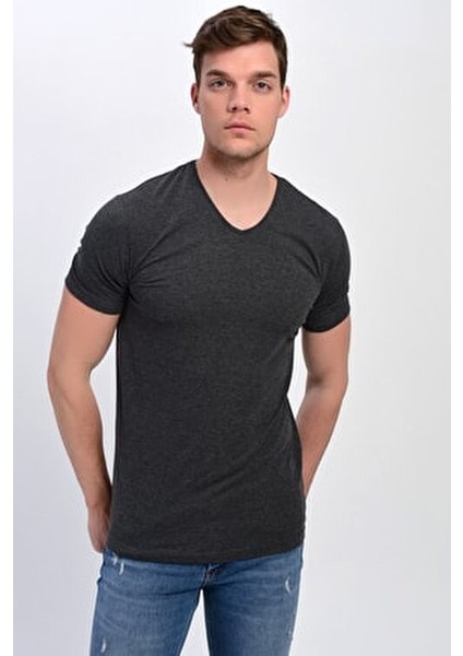 Erkek Antrasit Büyük Beden V Yaka Likralı Basic T-Shirt