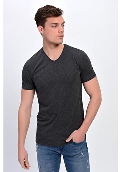 Erkek Antrasit Büyük Beden V Yaka Likralı Basic T-Shirt fiyatları