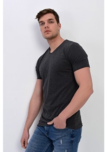 Erkek Antrasit Büyük Beden V Yaka Likralı Basic T-Shirt modelleri