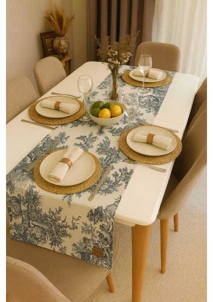 French Village Runner Fransız Köylü Desenli Vintage Masa Örtüsü 45X120 cm %100 Keten Dekoratif