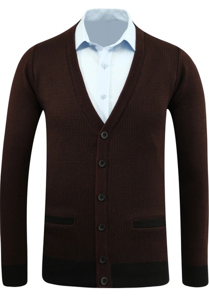 Erkek Düğmeli Hırka Cepli Desenli Çelik Örgü Klasik Kalıp - 5208M