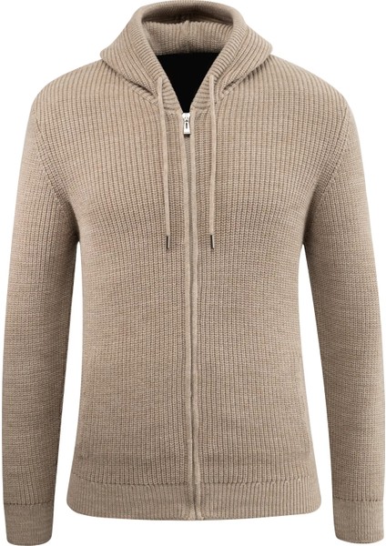 Erkek Kapüşonlu Fermuarlı Triko Hırka Selanik Örgü Cepli Klasik Kalıp - 5249K