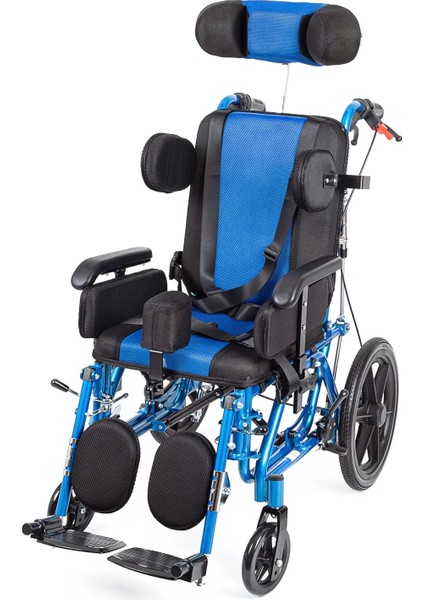 Pediatrik Tekerlekli Sandalye | Yatarlı ve Tilt Özellikli, Göğüs ve Bacak Destekli, File Kumaş Döşemeli DY01958LBCJ-38 Cp