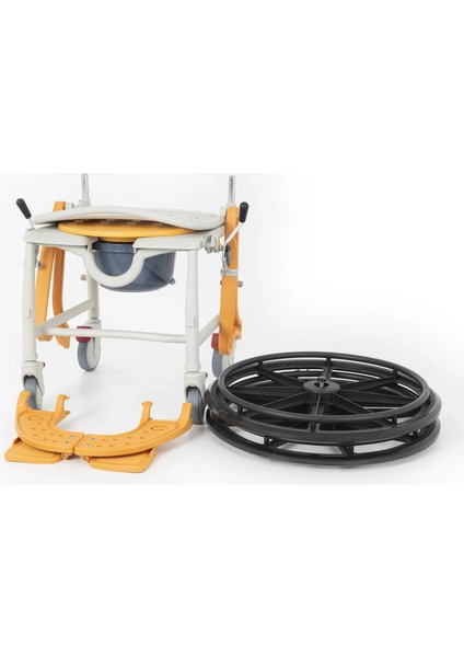 Banyo ve Tuvalet Sandalyesi Turuncu | 6 Tekerlekli Çift Kullanım, Paslanmaz Plastik Gövde, Lazımlıklı DM-8088B