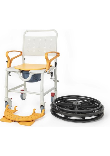 Banyo ve Tuvalet Sandalyesi Turuncu | 6 Tekerlekli Çift Kullanım, Paslanmaz Plastik Gövde, Lazımlıklı DM-8088B