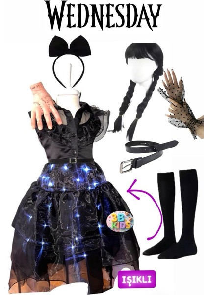 Wednesday Işıklı Kostüm Seti Wednesday Peruk Wednesday Eldiven
