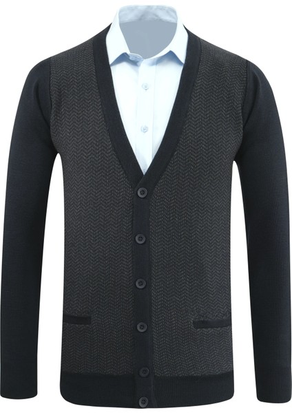 Erkek Düğmeli Hırka Cepli Desenli Çelik Örgü Klasik Kalıp - 5212M