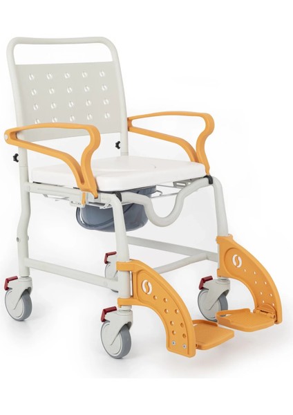 Banyo ve Tuvalet Sandalyesi Turuncu | Soft Minderli, 4 Frenli Tekerlek, Paslanmaz Plastik Gövde DM-8088C