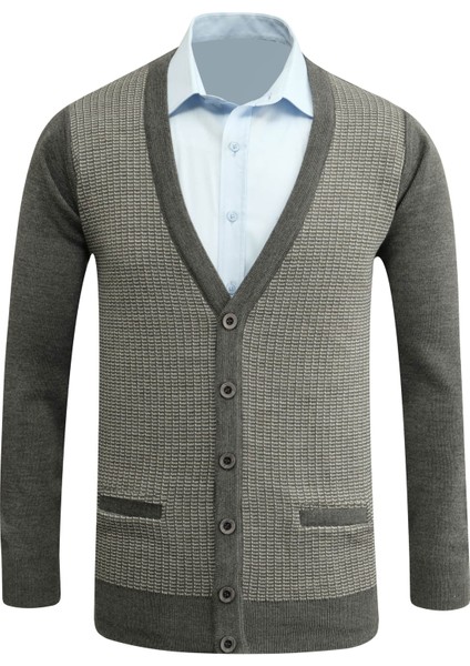 Erkek Düğmeli Hırka Cepli Desenli Çelik Örgü Klasik Kalıp - 5205M