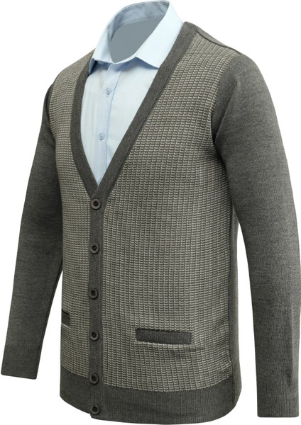 Erkek Düğmeli Hırka Cepli Desenli Çelik Örgü Klasik Kalıp - 5205M fiyatları