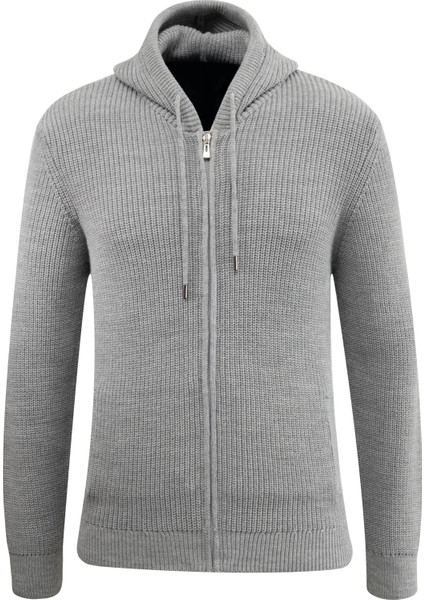 Erkek Kapüşonlu Fermuarlı Triko Hırka Selanik Örgü Cepli Klasik Kalıp - 5249K