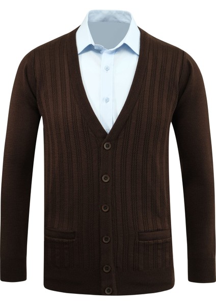 Erkek Düğmeli Hırka Cepli Desenli Çelik Örgü Klasik Kalıp - 5203M