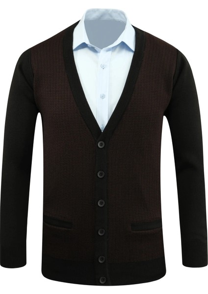 Erkek Düğmeli Hırka Cepli Desenli Çelik Örgü Klasik Kalıp - 5205M