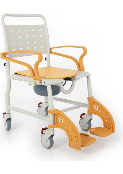Banyo ve Tuvalet Sandalyesi Turuncu| Plastik Gövde, Lazımlıklı, Frenli Tekerlekli DM-8088A