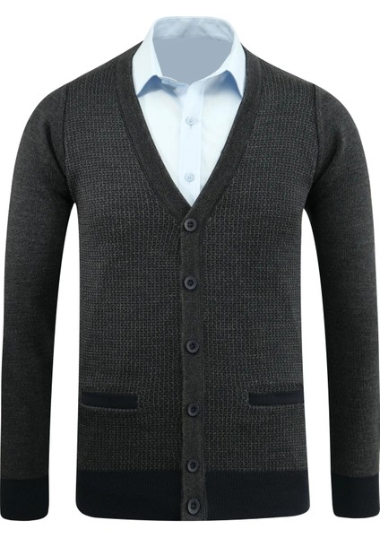 Erkek Düğmeli Hırka Cepli Desenli Çelik Örgü Klasik Kalıp - 5208M