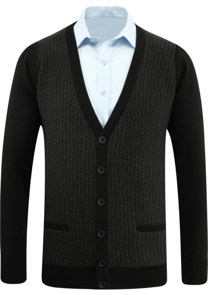 Erkek Düğmeli Hırka Cepli Desenli Çelik Örgü Klasik Kalıp - 5212M