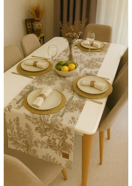 French Village Runner Fransız Köylü Desenli Vintage Masa Örtüsü 45X120 cm %100 Keten Dekoratif