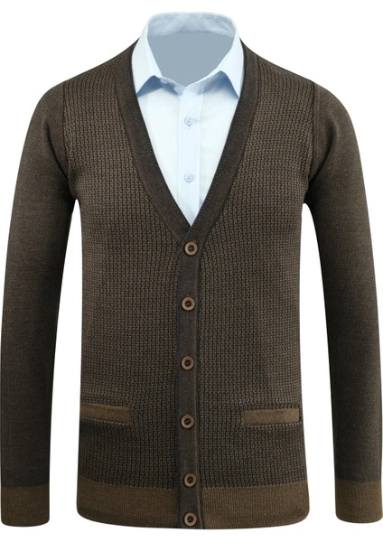 Erkek Düğmeli Hırka Cepli Desenli Çelik Örgü Klasik Kalıp - 5208M