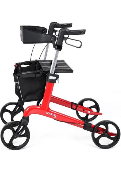 Rolatör Yürüteç Kırmızı| Carbon Fiber Şase, 8” Tekerlekli, Katlanabilir Hafif Yapı, Oturaklı ve Sepetli Model, Spirit-X4 modelleri