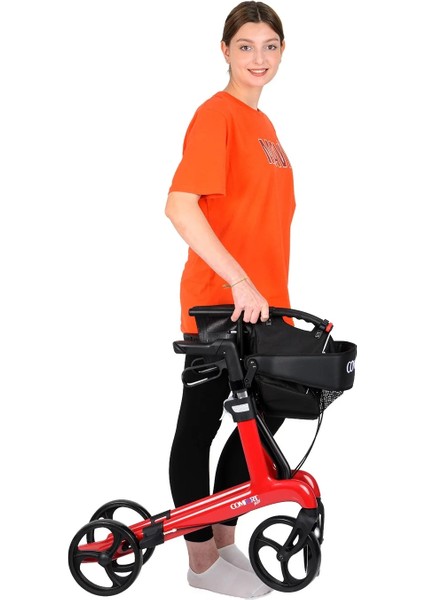 Rolatör Yürüteç Kırmızı| Carbon Fiber Şase, 8” Tekerlekli, Katlanabilir Hafif Yapı, Oturaklı ve Sepetli Model, Spirit-X4