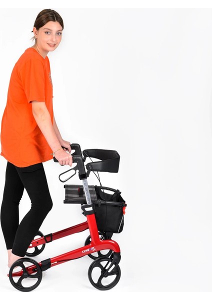 Rolatör Yürüteç Kırmızı| Carbon Fiber Şase, 8” Tekerlekli, Katlanabilir Hafif Yapı, Oturaklı ve Sepetli Model, Spirit-X4