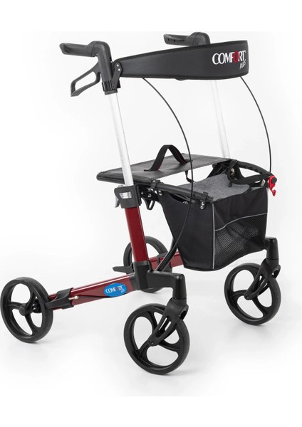 Rolatör Yürüteç Bordo | Alüminyum Şase, Katlanabilir Frenli 8'' Tekerlekli, Oturaklı ve Sepetli Lux Model, Spirit-X3