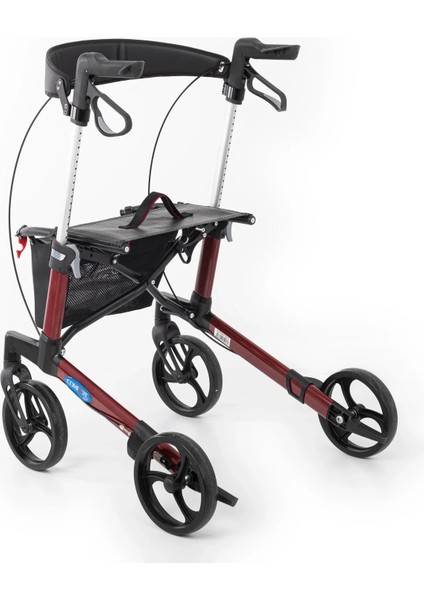 Rolatör Yürüteç Bordo | Alüminyum Şase, Katlanabilir Frenli 8'' Tekerlekli, Oturaklı ve Sepetli Lux Model, Spirit-X3