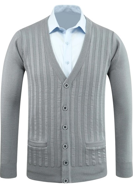 Erkek Düğmeli Hırka Cepli Desenli Çelik Örgü Klasik Kalıp - 5203M