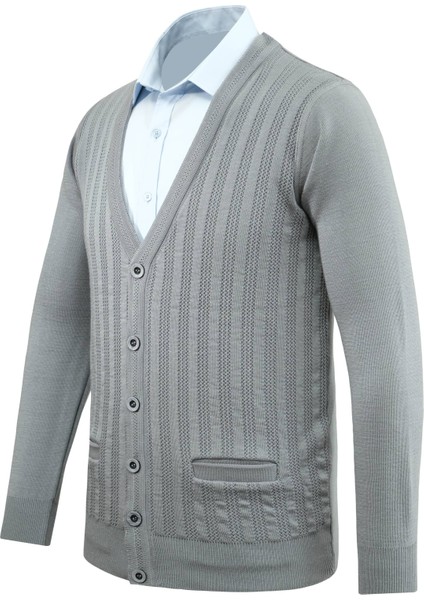 Erkek Düğmeli Hırka Cepli Desenli Çelik Örgü Klasik Kalıp - 5203M fiyatları