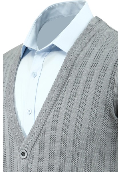 Erkek Düğmeli Hırka Cepli Desenli Çelik Örgü Klasik Kalıp - 5203M modelleri