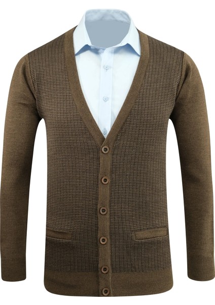 Erkek Düğmeli Hırka Cepli Desenli Çelik Örgü Klasik Kalıp - 5205M