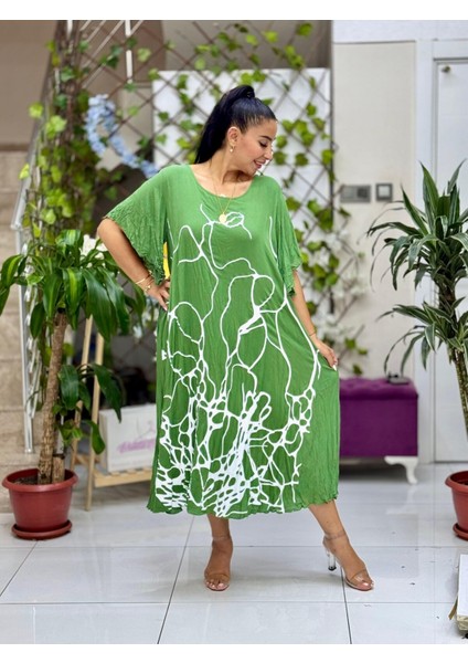 VL2110 Baskılı Yarım Kol Vual Elbise Haki