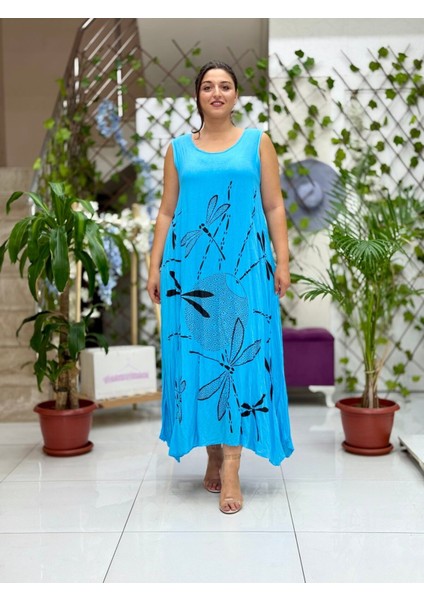 VL3035 Kolsuz Baskılı Vual Elbise Turkuaz fiyatları
