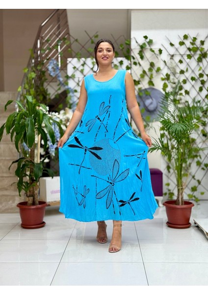 VL3035 Kolsuz Baskılı Vual Elbise Turkuaz modelleri