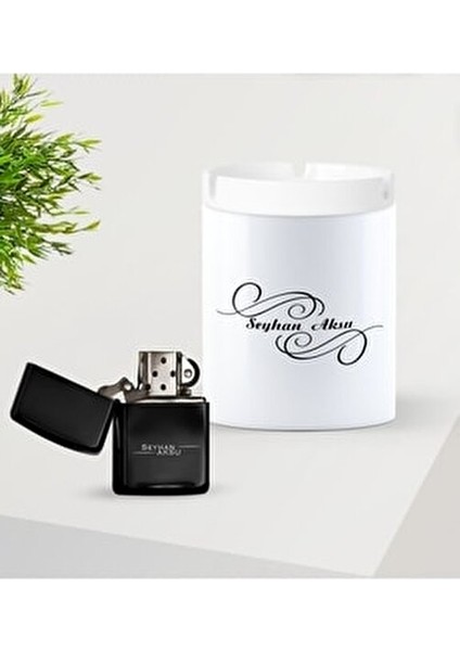 Kişiye Özel Isimli Siyah Benzinli Metal Çakmak ve Seramik Kül Tablası Seti-3