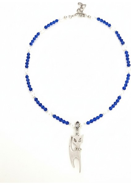 Kokoş Kedi Figürlü Cam Inci ve Kristal Taşlı Antik Gümüş Kaplama Kolye-Kedi Severlere