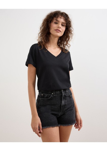 Krem Kadın V-Yaka Basic Tişört Örme Pamuk Penye T-Shirt